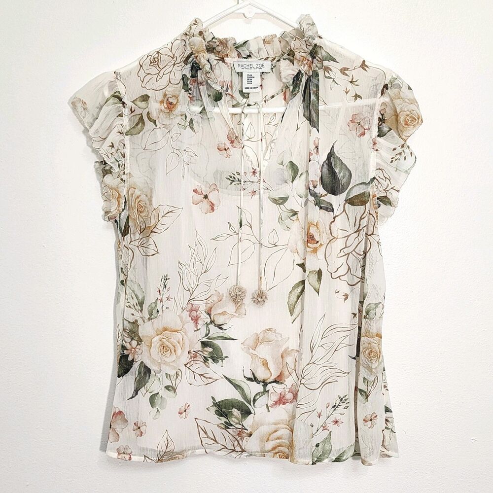 Rachel Zoe Womens Floral Top Size M Sheer Ruffle Flutter Sleeve Romantic Peasant